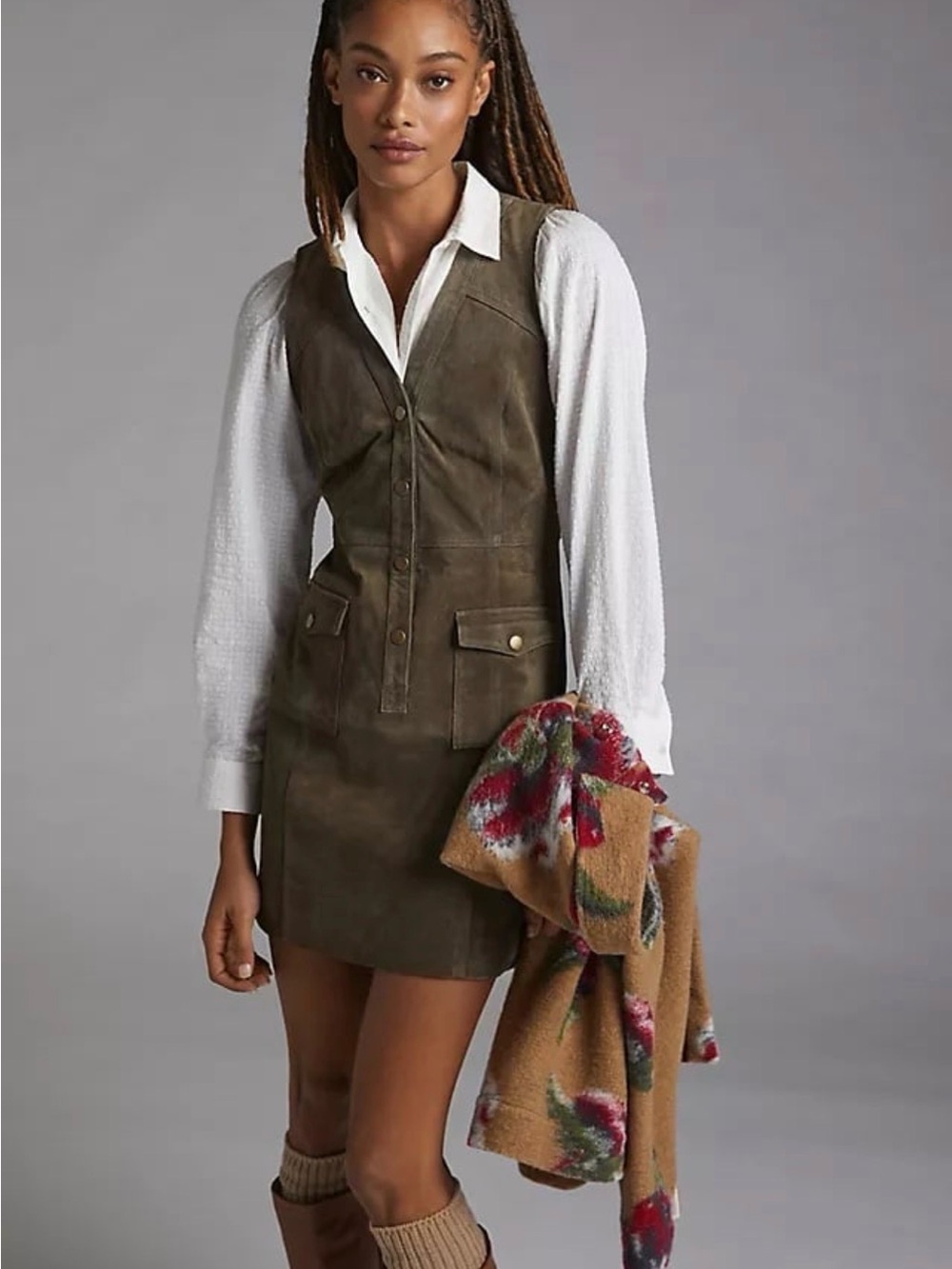 Anthropologie Pilcro Olive Suede Mini Dress Sz 10 70s Boho Western